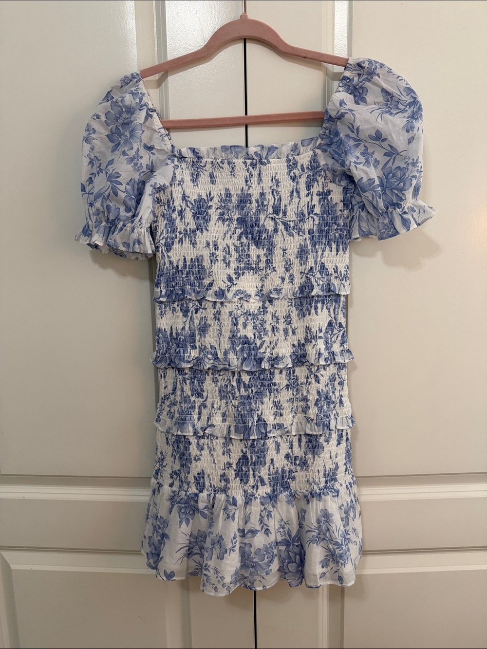 Blue Floral Smocked Puff-Sleeve Mini Dress - Kids